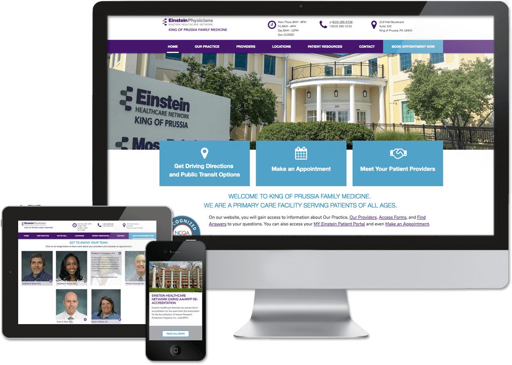 Einstein Healthcare Network microsites shown on desktop, tablet and phone.